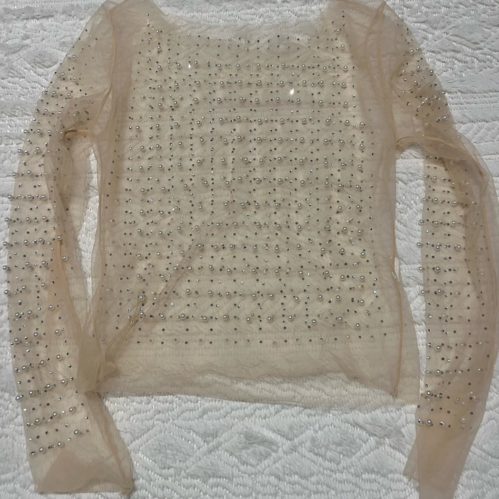 Pearl and rhinestone sheer tan top